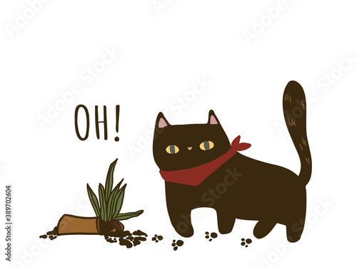 Hand drawn cute black naughty cat who broke the plant pot, Isolated on white background. Vector illustration, Cartoon doodle style.