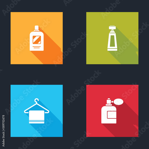 Set Bottle of shampoo, Cream or lotion cosmetic tube, Towel hanger and Aftershave bottle with atomizer icon. Vector.