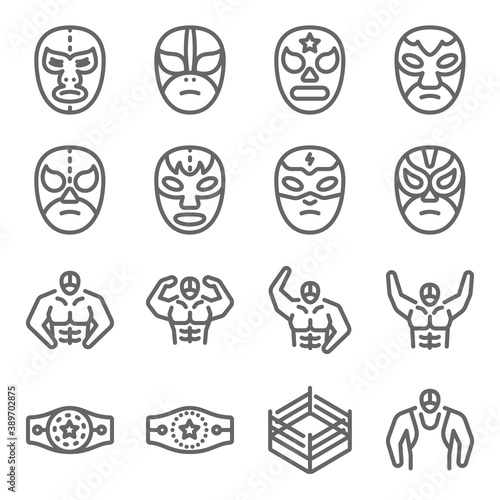Wrestling icon illustration vector set. Contains such icon as wrestle, wrestling, Bodybuilding, Championship, Belt, Bodybuilder, and more. Expanded Stroke