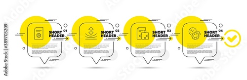 Resilience, File settings and Strategy line icons set. Timeline infograph speech bubble. Time management sign. Elastic, File management, Puzzle. Settings. Technology set. Vector