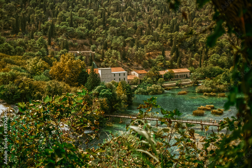 View of the Krka park in Croatia. Waterfall and trees in the mountains