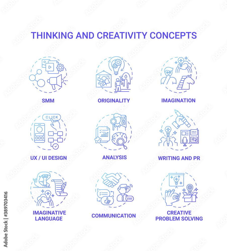Thinking and creativity concept icons set. Social media marketing for ecommerence. Creativity in issues solving idea thin line RGB color illustrations. Vector isolated outline drawings