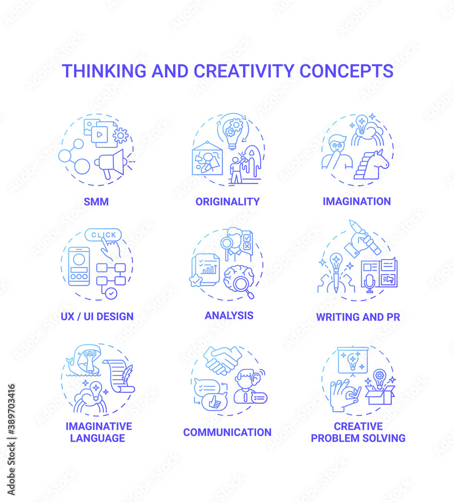 Thinking and creativity concept icons set. Social media marketing for ecommerence. Creativity in issues solving idea thin line RGB color illustrations. Vector isolated outline drawings Thinking and creativity concept icons set. Social media marketing for ecommerence. Creativity in issues solving idea thin line RGB color illustrations. Vector isolated outline drawings