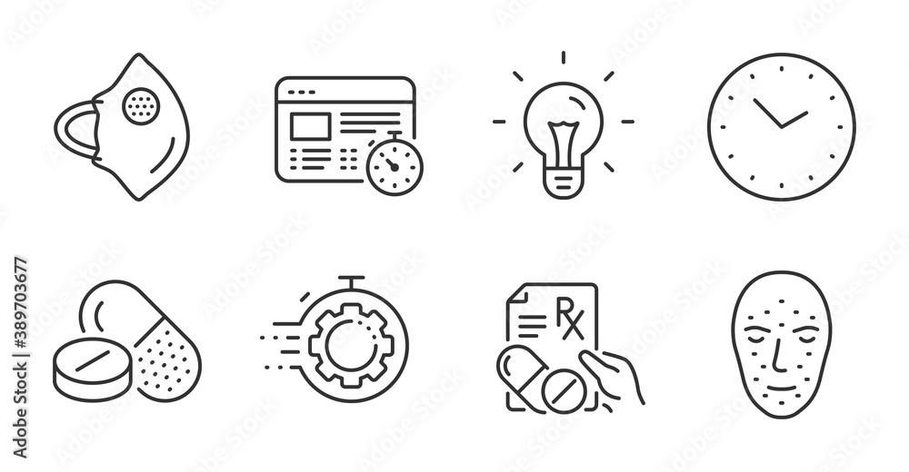 Time, Prescription drugs and Seo timer line icons set. Medical mask, Medical drugs and Idea signs. Web timer, Face biometrics symbols. Clock, Pills, Cogwheel. Science set. Quality line icons. Vector Time, Prescription drugs and Seo timer line icons set. Medical mask, Medical drugs and Idea signs. Web timer, Face biometrics symbols. Clock, Pills, Cogwheel. Science set. Quality line icons. Vector