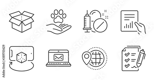 Pets care, Survey checklist and E-mail line icons set. Open box, Medical drugs and World travel signs. Augmented reality, Document symbols. Shelter, Report, New message. Business set. Vector