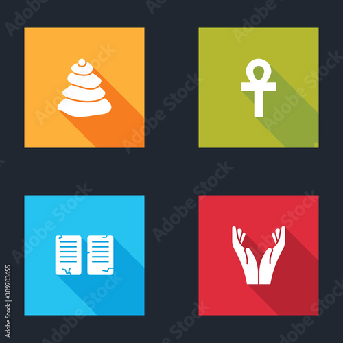 Set Stack hot stones, Cross ankh, The commandments and Hands in praying position icon. Vector.