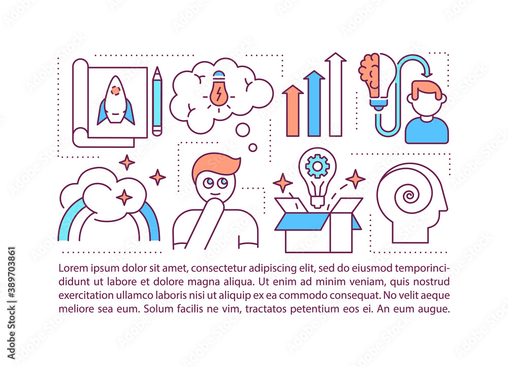 Creative thinking concept icon with text. Cognition skills. Problem-solving ability. PPT page vector template. Brochure, magazine, booklet design element with linear illustrations Creative thinking concept icon with text. Cognition skills. Problem-solving ability. PPT page vector template. Brochure, magazine, booklet design element with linear illustrations