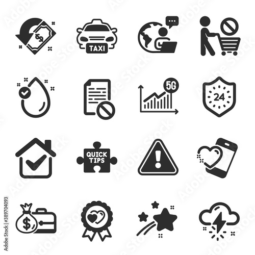 Set of Business icons, such as Salary, 24 hours, Thunderstorm weather symbols. Vitamin e, Cashback, Heart signs. Wrong file, 5g statistics, Taxi. Love award, Quick tips, Stop shopping. Vector