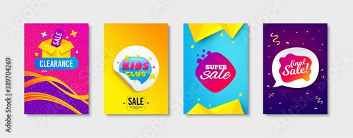 Kids club, Super sale and Clearance sale promo label set. Sticker template layout. Playing zone, Discount shape, Offer label. Promotional tag set. Speech bubble banner. Kids club flyer design. Vector