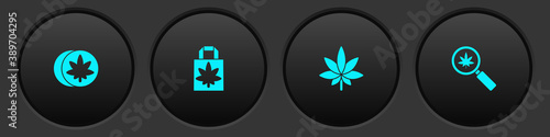 Set Herbal ecstasy tablets, Shopping paper bag of marijuana, Marijuana or cannabis leaf and Magnifying glass and icon. Vector.