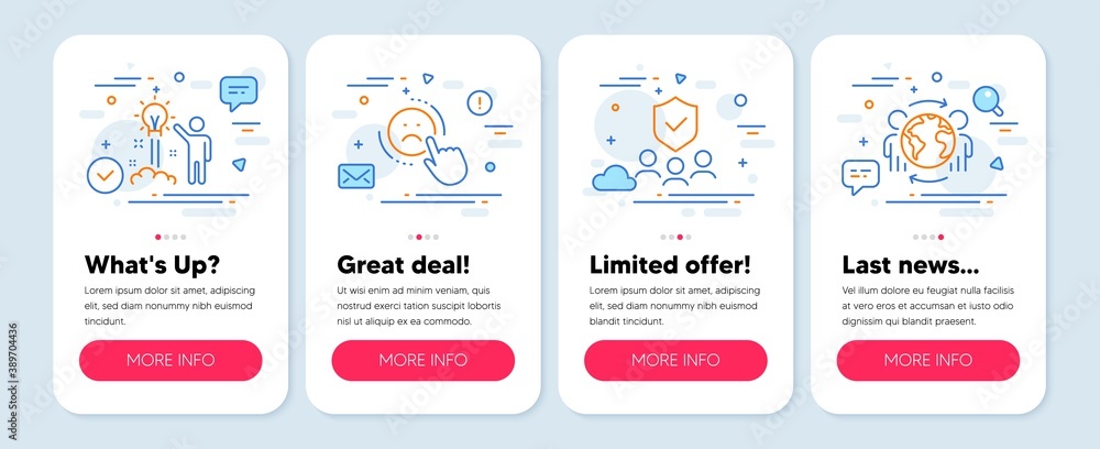 Set of People icons, such as Security agency, Dislike, Creative idea symbols. Mobile screen banners. Global business line icons. Body guard, Negative feedback, Startup. Outsourcing. Vector