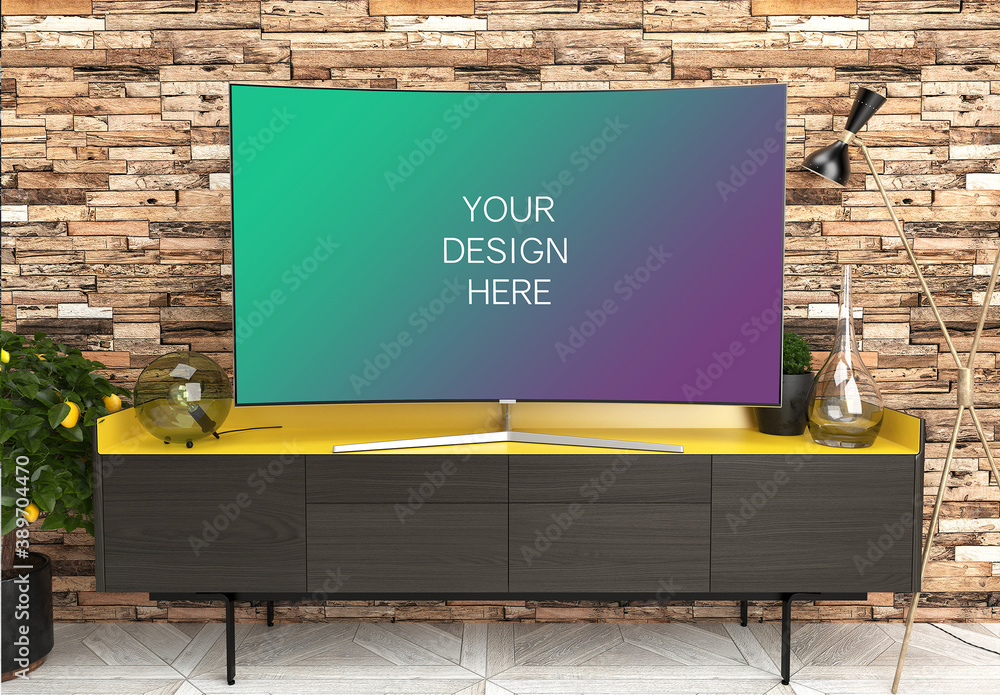 Tv Screen Mockup with Contemporary Interior Front View Stock Template