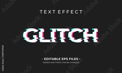 Glitch text effect. Modern text effect with blue and red colors distortion.
