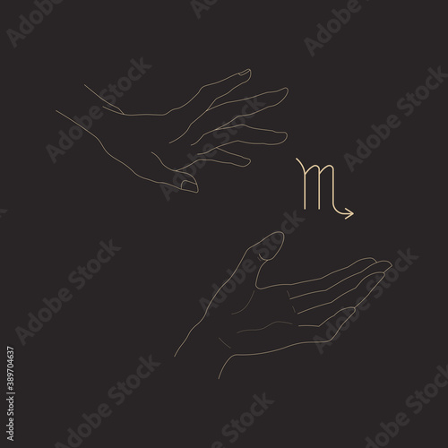 Hands hold scorpio zodiac glyph. Gesture shows astrological symbol. Isolated outline abstract composition on black. Vector illustration for your horoscope, logo,icon,tattoo,print. Modern witch concept