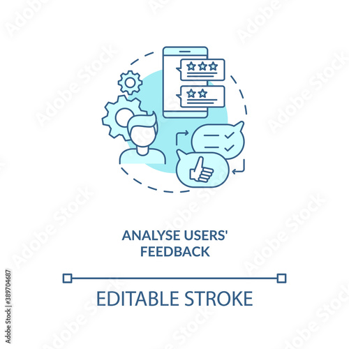 Analyse users feedback concept icon. App marketing tips. After using product emotions telling idea thin line illustration. Vector isolated outline RGB color drawing. Editable stroke