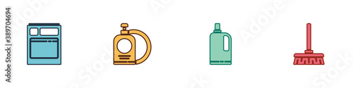Set Kitchen dishwasher machine, Dishwashing liquid bottle and plate, Fabric softener and Handle broom icon. Vector.