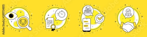 Typewriter, Timer and Winner line icons set. Licence, cell phone and deal vector icons. Approved group sign. Writer machine, Deadline management, Sports achievement. Teamwork. Education set. Vector