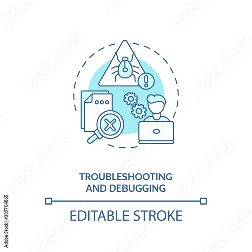 Troubleshooting and debugging concept icon. App developer skills. Finding different problems and issues idea thin line illustration. Vector isolated outline RGB color drawing. Editable stroke