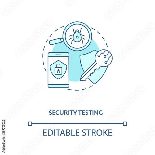 Security testing concept icon. App testing components. Checking project for hacking viruses and dangerous code idea thin line illustration. Vector isolated outline RGB color drawing. Editable stroke