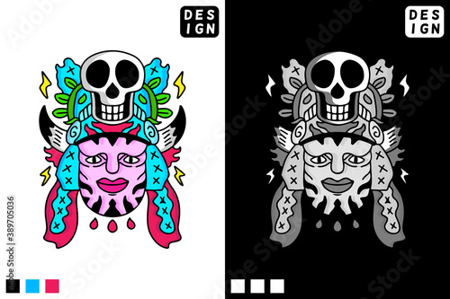 Ancient head and skeleton in hype style. illustration for t shirt, poster, logo, sticker, or apparel merchandise.