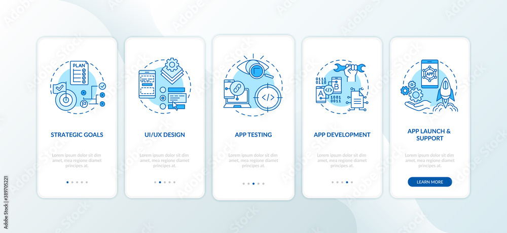 Mobile app development process onboarding mobile app page screen with concepts. App testing process walkthrough 5 steps graphic instructions. UI vector template with RGB color illustrations