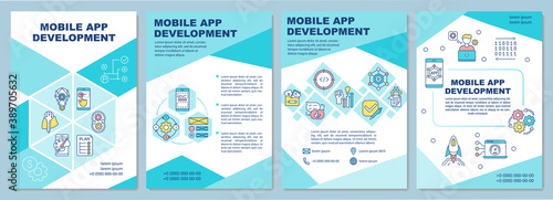 Mobile app development brochure template. UI UX. Software programming. Flyer, booklet, leaflet print, cover design with linear icons. Vector layouts for magazines, annual reports, advertising posters