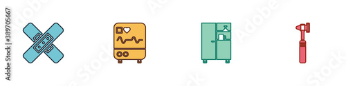 Set Crossed bandage plaster, Monitor with cardiogram, Medicine cabinet and Medical otoscope tool icon. Vector.