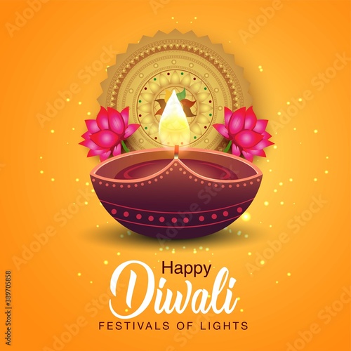 happy diwali greetings.  diya decoration with Rangoli design. vector illustration 