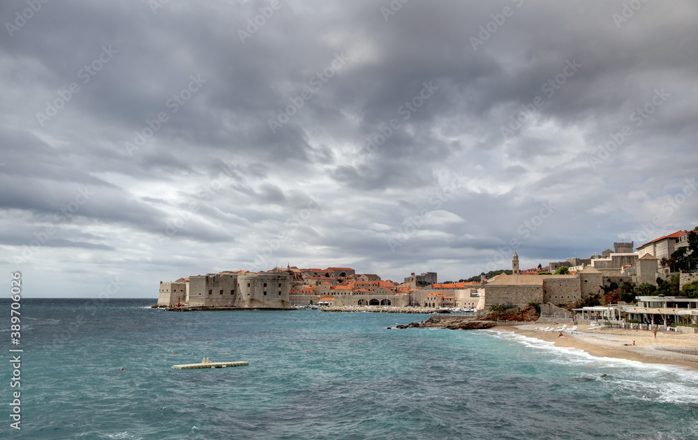 Cloudy sky with rain over Old town Dubrovnik, Croatia