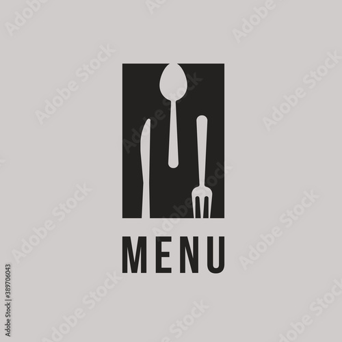 Restaurant logo concept, abstract black silhouette, Letter M with spoon, fork and knife in negative space of letter. Creative vector logotype