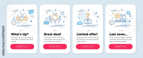 Set of People icons, such as Recruitment, Hold heart, Hiring employees symbols. Mobile app mockup banners. Medical help line icons. Manager change, Care love, Human resources. Medicine laptop. Vector