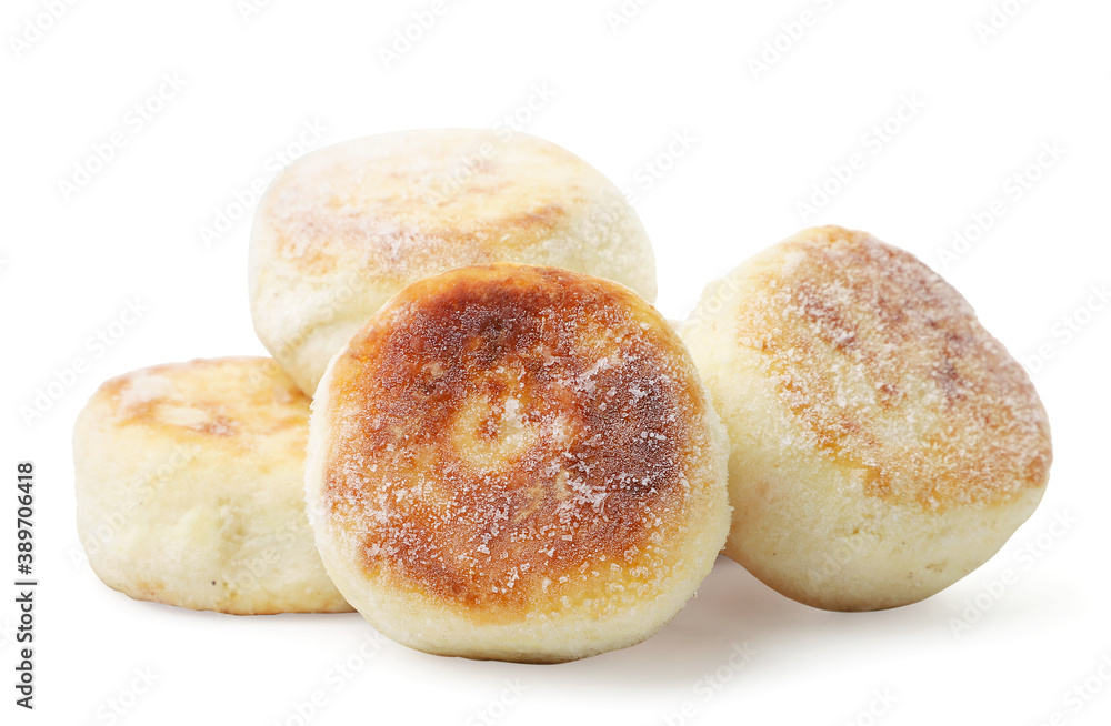 Frozen cheese pancake on a white background, semi-finished product. Isolated Frozen cheese pancake on a white background, semi-finished product. Isolated