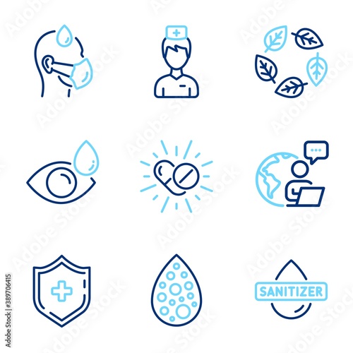 Healthcare icons set. Included icon as Sick man, Hand sanitizer, Doctor signs. Artificial colors, Eye drops, Medical drugs symbols. Organic tested, Medical shield line icons. Line icons set. Vector