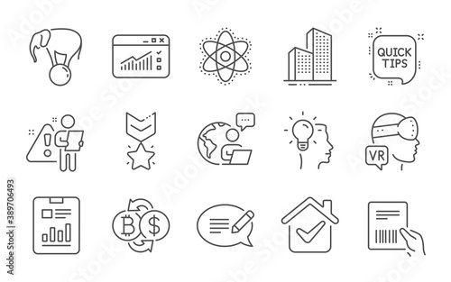 Idea, Bitcoin exchange and Report document line icons set. Parcel invoice, Web traffic and Message signs. Augmented reality, Skyscraper buildings and Chemistry atom symbols. Line icons set. Vector