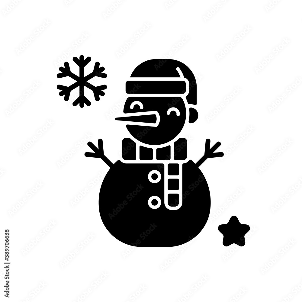 Snowman black glyph icon. Snow sculpture. Build with snowball. Winter seasonal recreation activity. Christmas time festive decoration. Silhouette symbol on white space. Vector isolated illustration