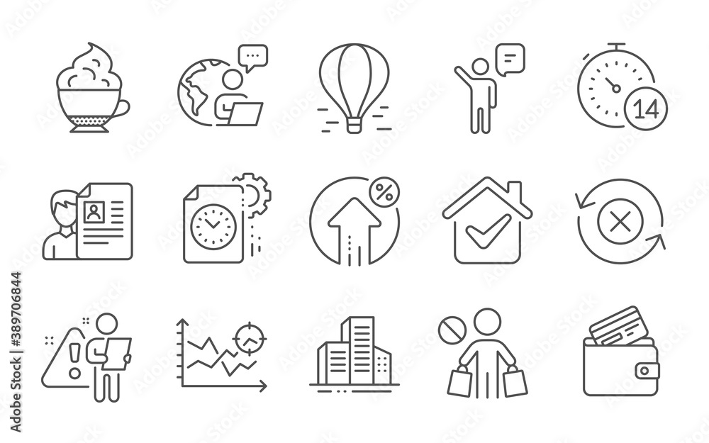 Debit card, Cappuccino cream and Reject refresh line icons set. Project deadline, Buildings and Job interview signs. Loan percent, Air balloon and Quarantine symbols. Line icons set. Vector Debit card, Cappuccino cream and Reject refresh line icons set. Project deadline, Buildings and Job interview signs. Loan percent, Air balloon and Quarantine symbols. Line icons set. Vector