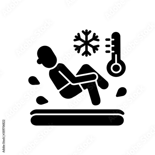 Polar bear plunge black glyph icon. Cold water dive. Winter extreme activity. Ice bath swimming. Frozen pool. Low temperature. Silhouette symbol on white space. Vector isolated illustration