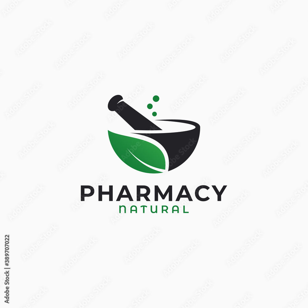Pharmacy logo with herbal leaf on white background Pharmacy logo with herbal leaf on white background