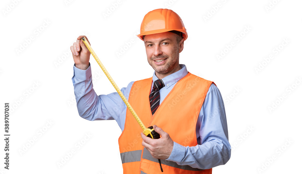 Builder Worker Holding Measuring Tape Tool Posing Over White Background Builder Worker Holding Measuring Tape Tool Posing Over White Background