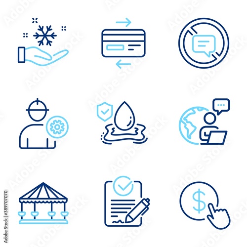 Business icons set. Included icon as Freezing, Buy currency, Credit card signs. Stop talking, Engineer, Rfp symbols. Flood insurance, Carousels line icons. Air conditioner, Money exchange. Vector