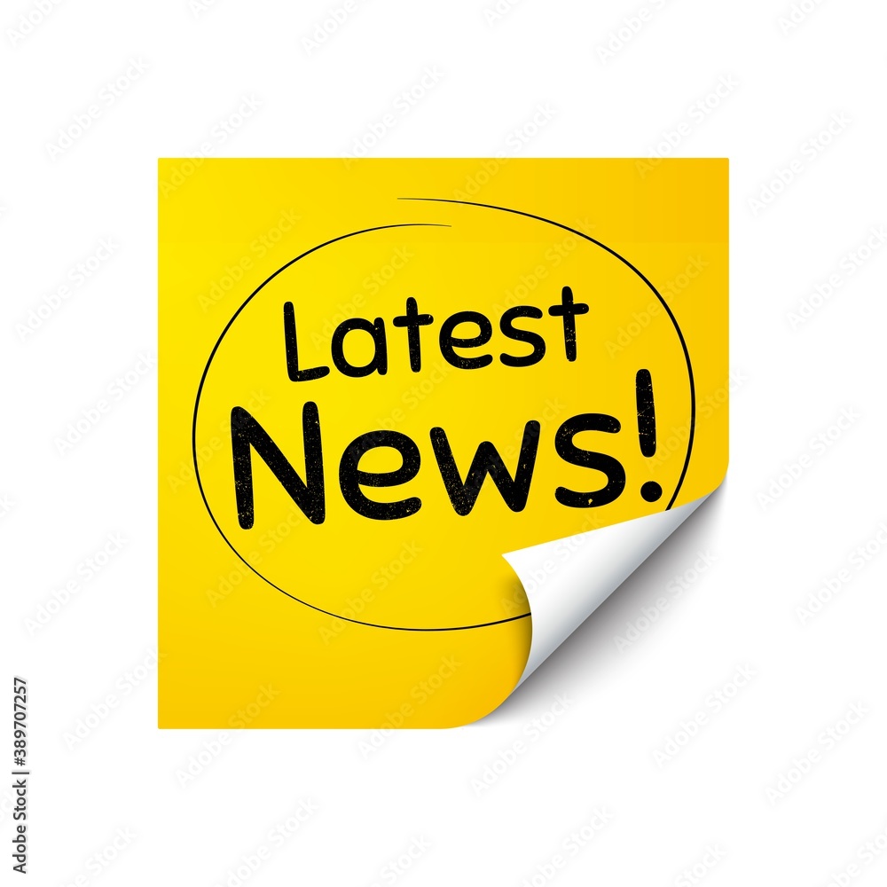 Latest news symbol. Sticker note with offer message. Media newspaper sign. Daily information. Yellow sticker banner. Latest news badge shape. Post note. Adhesive offer paper sheet. Vector Latest news symbol. Sticker note with offer message. Media newspaper sign. Daily information. Yellow sticker banner. Latest news badge shape. Post note. Adhesive offer paper sheet. Vector