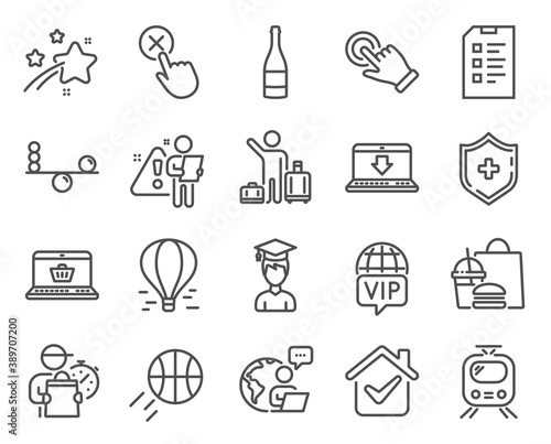 Business icons set. Included icon as Touchscreen gesture, Online shopping, Student signs. Balance, Airport transfer, Basketball symbols. Checklist, Medical shield, Internet downloading. Vector