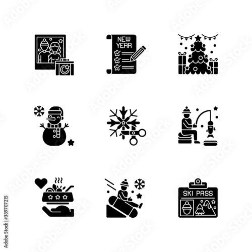 Festive holiday black glyph icons set on white space. Family photo. New Year resolution. Christmas time. Winter season entertainment. Silhouette symbols. Vector isolated illustration