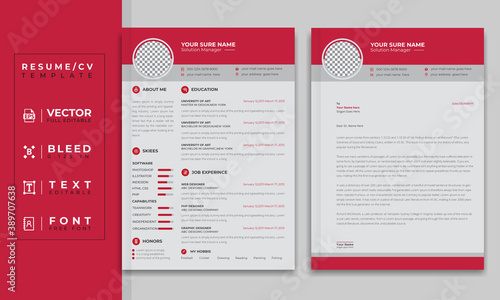 Professional cv resume template design and cover letter.Vector minimalist red and white.