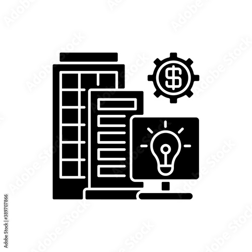 Silicon valley black glyph icon. High technology and innovation center. Information technology workers. High-tech companies. Silhouette symbol on white space. Vector isolated illustration