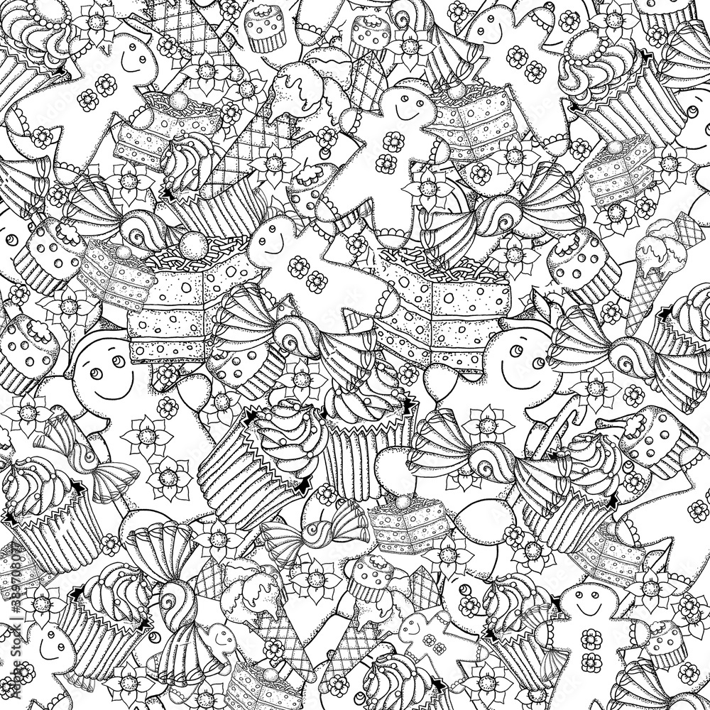 Gingerbread men detailed festive pattern black and white