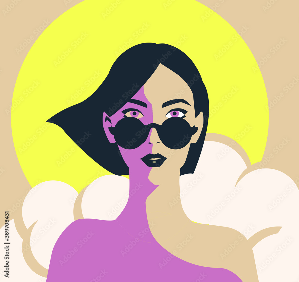 Fashion girl with black lips and short haircut in sunglasses. Beautiful brunette woman face vector illustration. Stylish original graphic portrait with beautiful young attractive model.