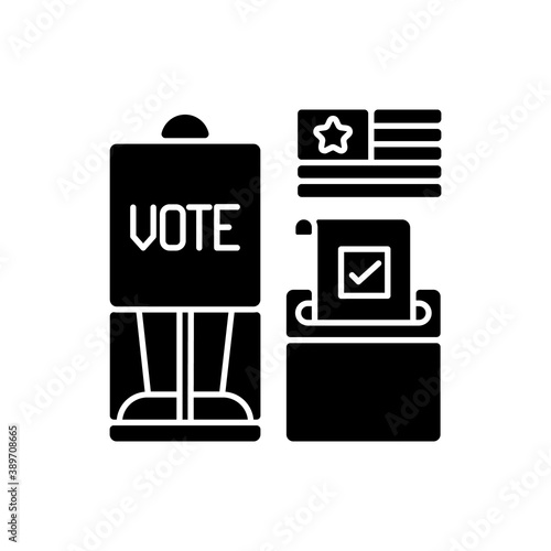 Voting booth black glyph icon. Cabin in polling station. Casting ballots in elections. Privacy screen. Wide distances. Ballot drop box. Silhouette symbol on white space. Vector isolated illustration