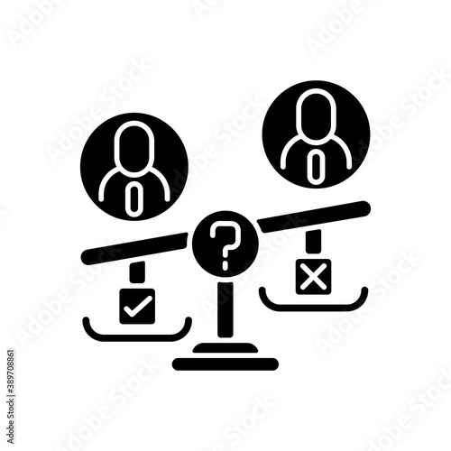 Swing vote black glyph icon. Election campaign. Floating voter. Two dominant political parties. Decisive influence on poll result. Silhouette symbol on white space. Vector isolated illustration