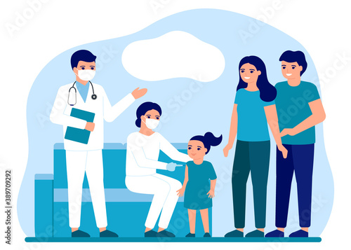 Consultation and vaccination of family doctor. Advice doctor, supervision family, family doctor. Health care, flu shots, immunization, prevention and treatment father, mother and child. Vector